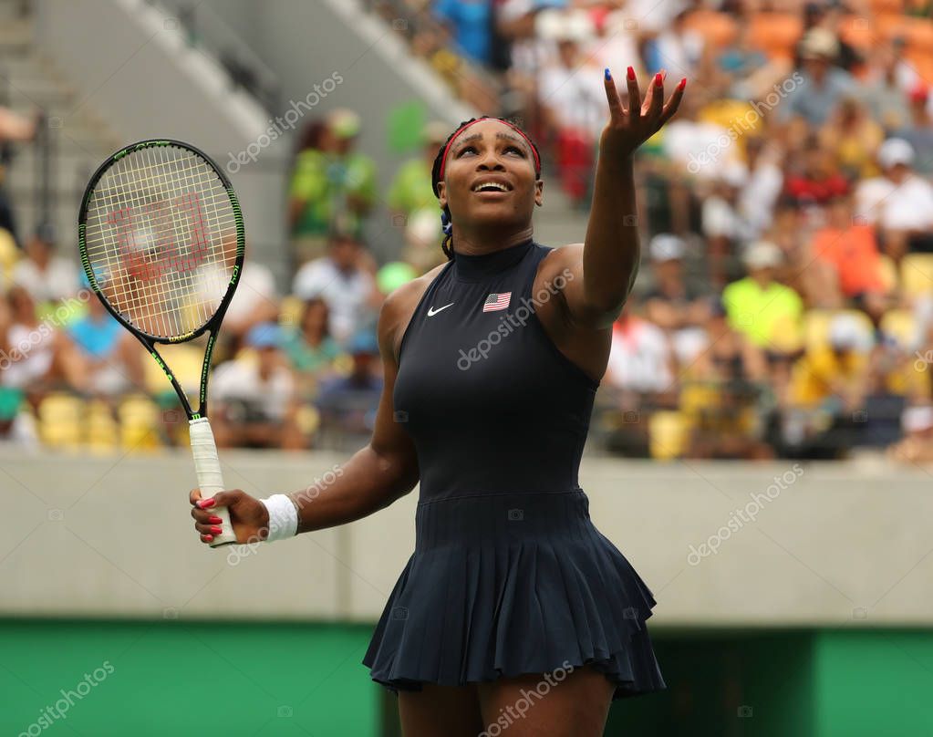RIO DE JANEIRO, BRAZIL - AUGUST 7, 2016: Olympic champion Serena Williams of United States in action during singles first round match of the Rio 2016 Olympic Games at the Olympic Tennis Centre