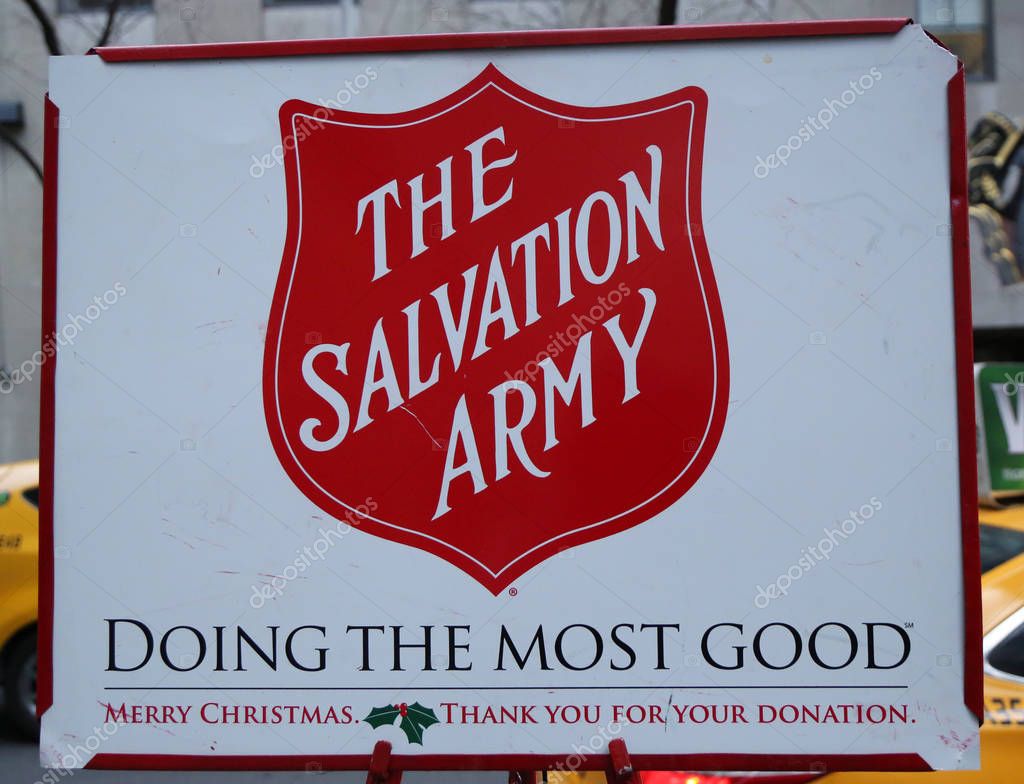 NEW YORK - DECEMBER 15, 2016: Salvation Army sign in midtown Manhattan. This Christian organization is known for its charity work, operating in 126 countries