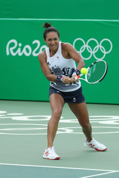 Eylem sırasında Tekler tenis oyuncusu Heather Watson Büyük Britanya'nın ikinci tur maç Rio 2016 Olimpiyat Oyunları — Stok fotoğraf