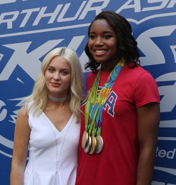 Swedish singer and songwriter Zara Larsson (L) and Rio 2016 Olympics Champion swimmer Simone Manuel participate at Arthur Ashe Kids Day