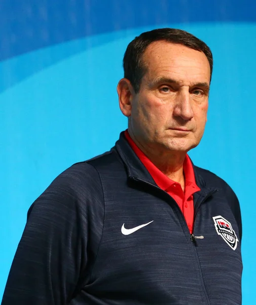 Team USA head coach Mike Krzyzewski during men 's basketball team USA press conference at Rio 2016 Olympic Games Press Center — Foto de Stock