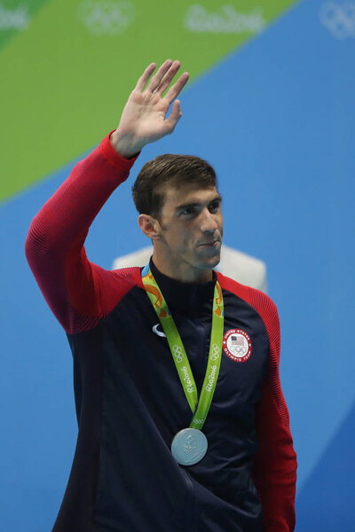 Michael Phelps of United States during medal ceremony after Men's 100m butterfly of the Rio 2016 Olympics at the Olympic Aquatics Stadium