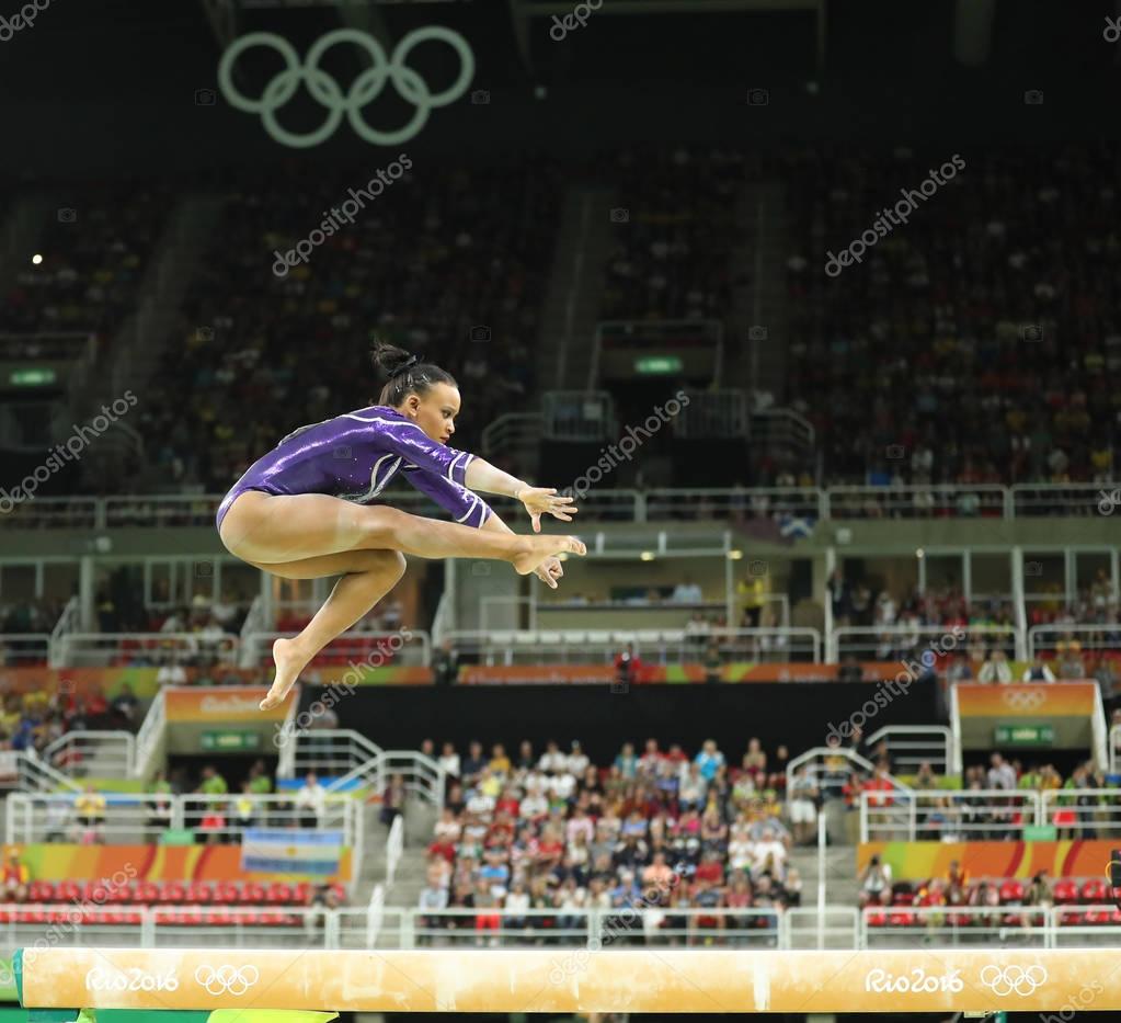 RIO DE JANEIRO, BRAZIL - AUGUST 11, 2016: Brazilian artistic gymnast Rebeca Andrade competes on the balance beam at women's all-around gymnastics at Rio 2016 Olympic Games