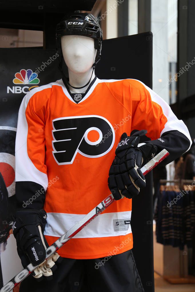 NEW YORK - MARCH 16, 2017: Philadelphia Flyers Uniform on display at NHL store in Midtown Manhattan.