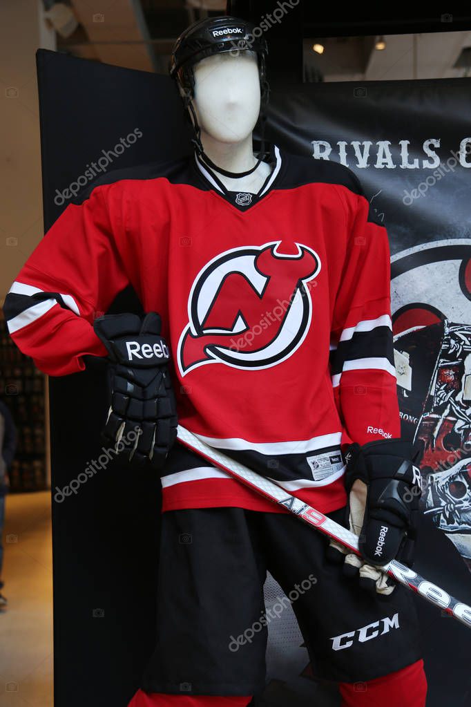 NEW YORK - MARCH 16, 2017: New Jersey Devils Uniform on display at NHL store in Midtown Manhattan.