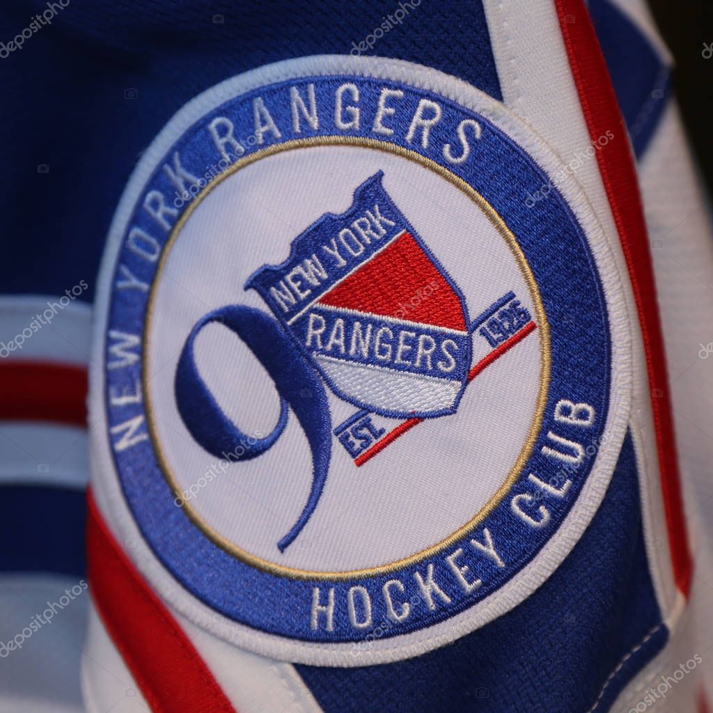 NEW YORK - MARCH 16, 2017: 2017 Official New York Rangers 90th Anniversary Jersey Patch on display at NHL store in Midtown Manhattan.