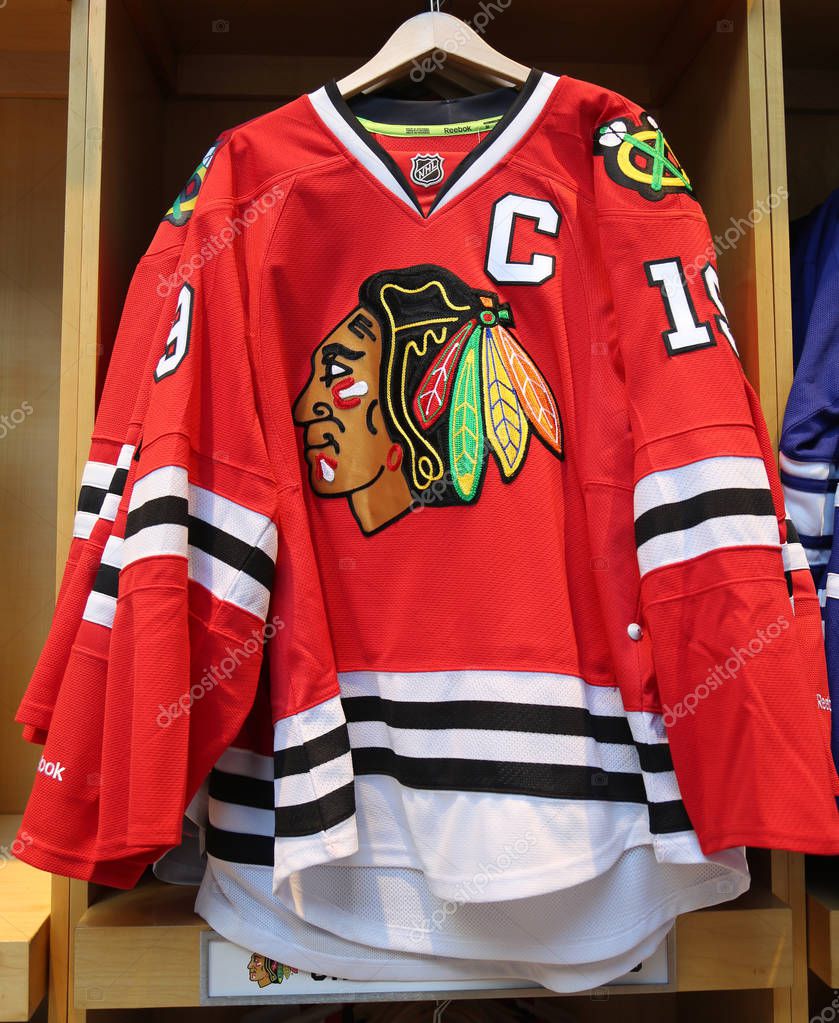 NEW YORK - MARCH 16, 2017: The Chicago Blackhawks jersey on display at NHL store in Midtown Manhattan.