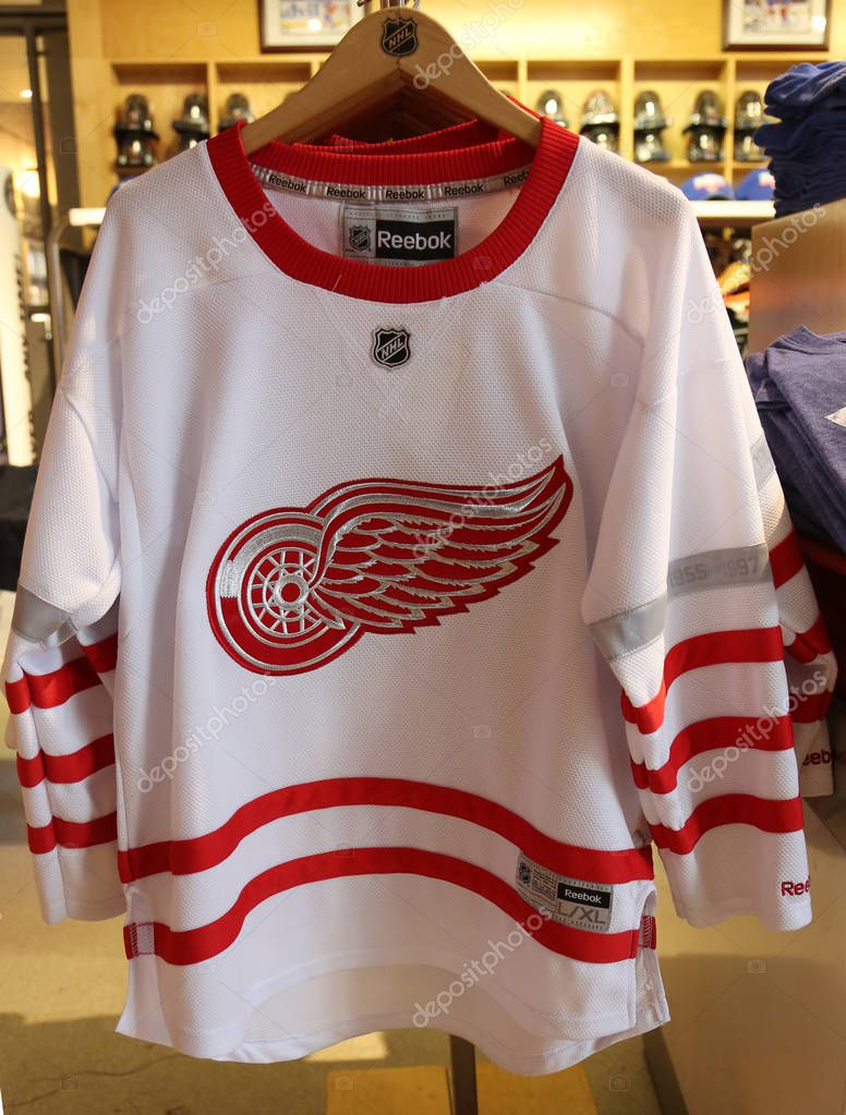 NEW YORK - MARCH 16, 2017: The Detroit Red Wings jersey on display at NHL store in Midtown Manhattan.