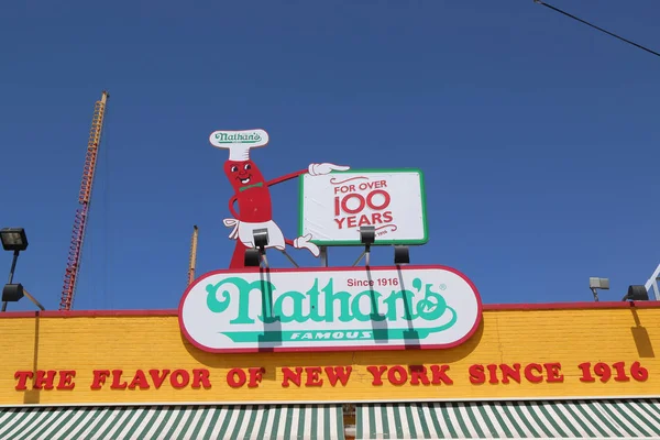 The Nathan's original restaurant sign at Coney Island, New York — Stock Photo, Image