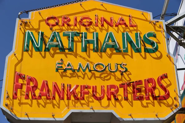 The Nathan's original restaurant sign at Coney Island, New York — Stock Photo, Image