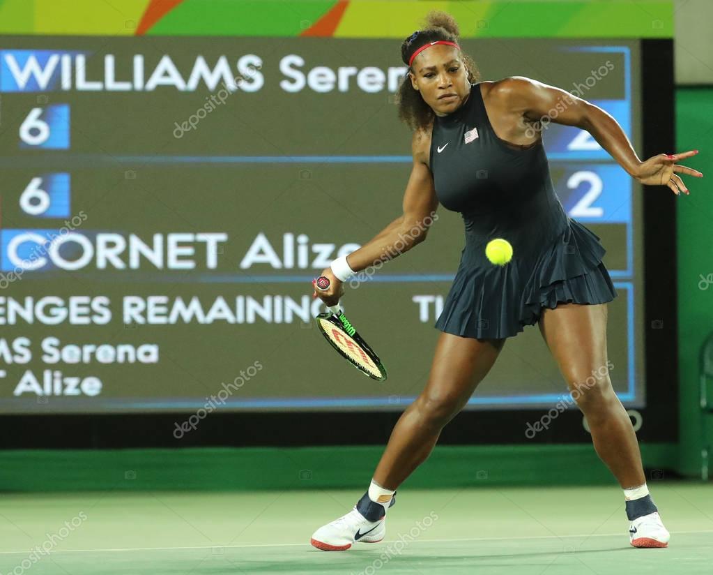 RIO DE JANEIRO, BRAZIL - AUGUST 8, 2016: Olympic champions Serena Williams of United States in action during her singles round two match of the Rio 2016 Olympic Games at the Olympic Tennis Centre