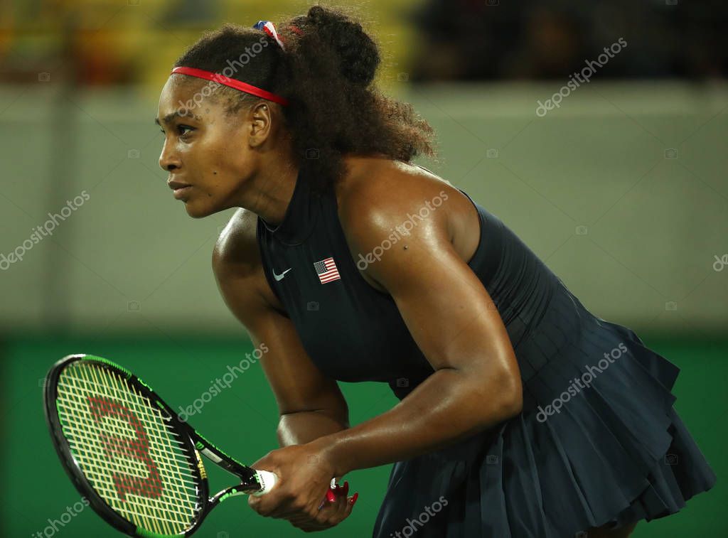 RIO DE JANEIRO, BRAZIL - AUGUST 8, 2016: Olympic champions Serena Williams of United States in action during her singles round two match of the Rio 2016 Olympic Games at the Olympic Tennis Centre