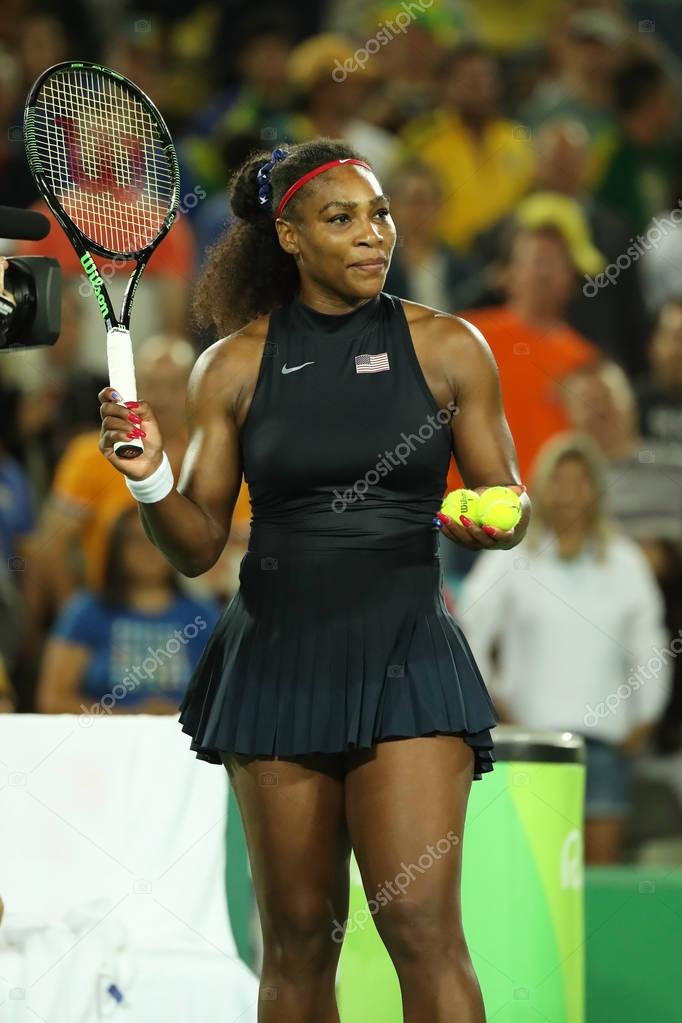 RIO DE JANEIRO, BRAZIL - AUGUST 8, 2016: Olympic champions Serena Williams of United States celebrates victory after singles round two match of the Rio 2016 Olympic Games at the Olympic Tennis Centre