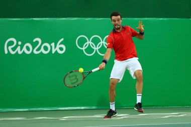 Profesyonel tenis oyuncusu Roberto Bautista Agut İspanya erkekler Çeyrek Finali sırasında eylem Rio 2016 Olimpiyat Oyunları, Olympic Tennis Centre '