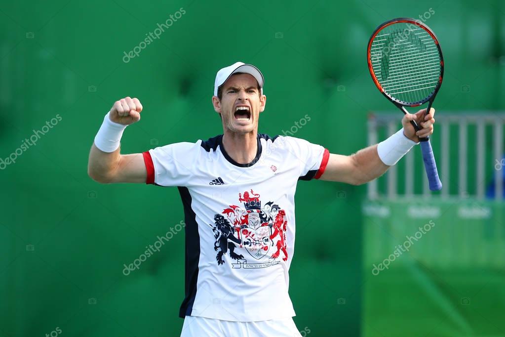 RIO DE JANEIRO, BRAZIL - AUGUST 12, 2016: Olympic champion Andy Murray of Great Britain celebrates victory after men's singles quarterfinal of the Rio 2016 Olympic Games at the Olympic Tennis Centre