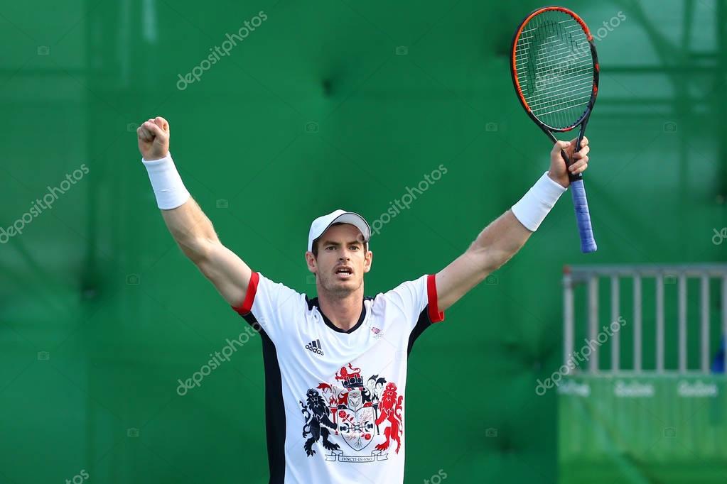 RIO DE JANEIRO, BRAZIL - AUGUST 12, 2016: Olympic champion Andy Murray of Great Britain celebrates victory after men's singles quarterfinal of the Rio 2016 Olympic Games at the Olympic Tennis Centre