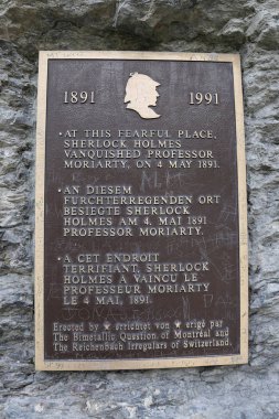 Bir plak Reichenbach, korkulu şuraya, Profesör Moriarty Sherlock Holmes yenilmiş iddiaları üç dilde düşüyor