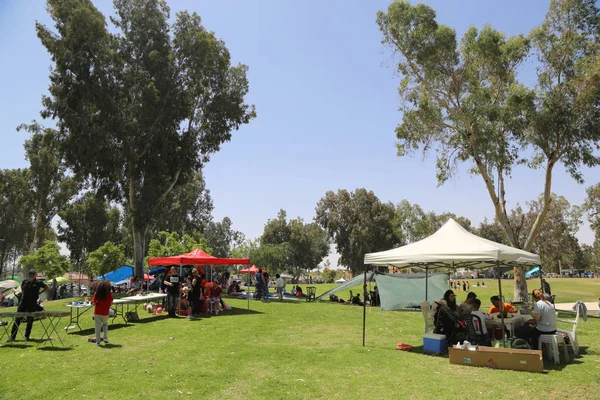 以色列庆祝以色列每年独立日户外烹饪烧烤啤酒示巴在公园 — 图库照片