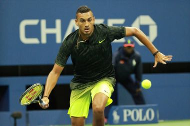 Profesyonel tenis oyuncusu Nick Kyrgios Avustralya bize açık 2016 onun yuvarlak 3 maç sırasında eylem