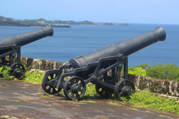Old cannons at historical Fort George in St. George's, Grenada