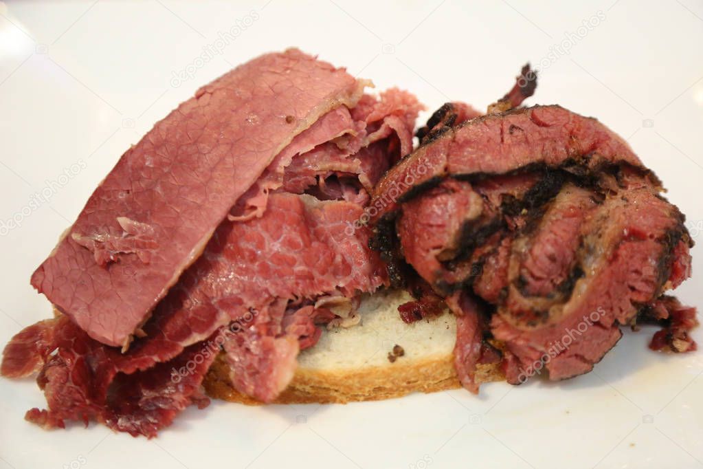 Famous Corned Beef and Pastrami on rye sandwich served in New York Deli