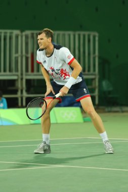 Eylem sırasında erkekler tenis oyuncusu Jamie Murray Büyük Britanya'nın ilk yuvarlak maç Rio 2016 Olimpiyat Oyunları iki katına