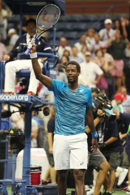 Profesyonel tenis oyuncusu Gael Monfis Fransa zafer onun bize açık 2016 çeyrek final maçında sonra kutluyor.