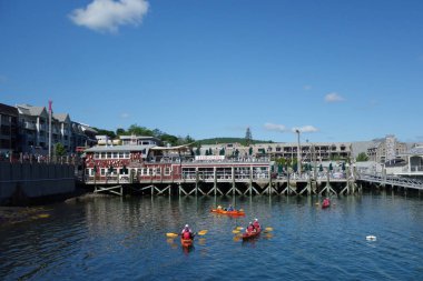 Turistler deniz kayaklarının Bar Harbor, Maine yolculuğu