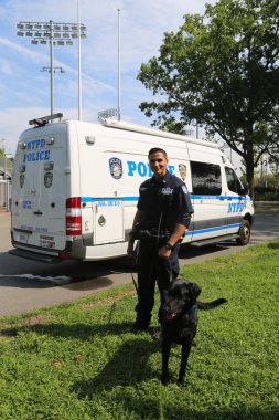 New York polisi counter Terörizm Bürosu K-9 polis memuru ve bize açık 2017 sırasında Ulusal Tenis Merkezi güvenlik sağlayan K-9 köpek