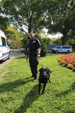 New York polisi counter Terörizm Bürosu K-9 polis memuru ve bize açık 2017 sırasında Ulusal Tenis Merkezi güvenlik sağlayan K-9 köpek