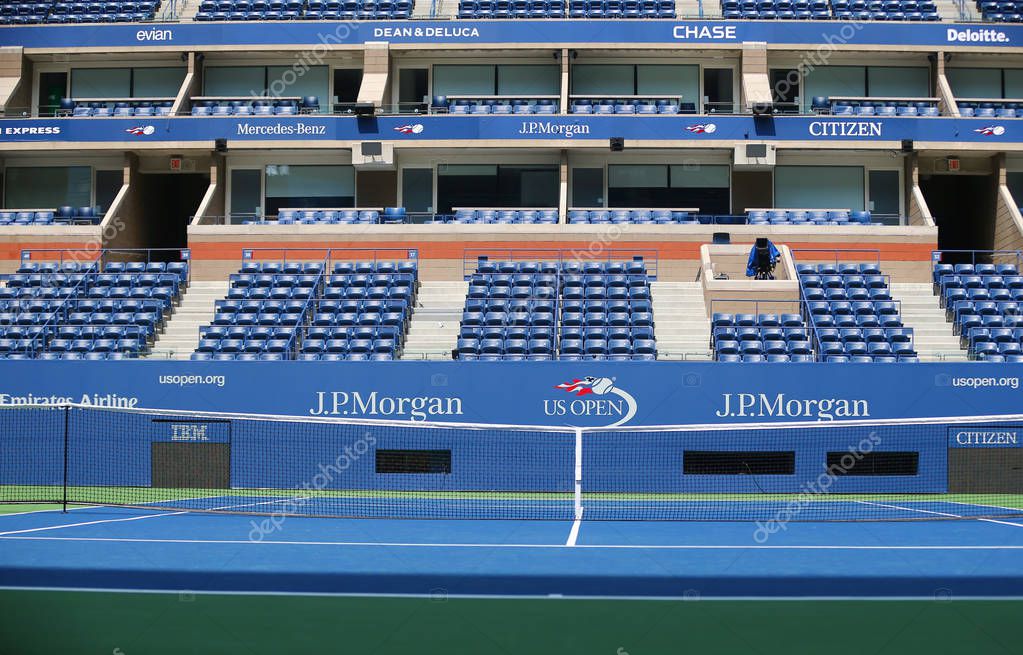 NEW YORK - AUGUST 22, 2017: US Open logo at Arthur Ashe Stadium at Billie Jean King National Tennis Center in New York. US Open is a final tennis major comprising the Grand Slam each year