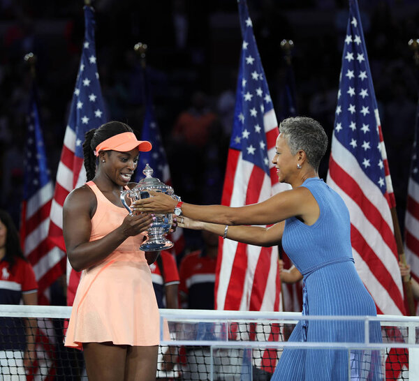 US Open 2017 champion Sloane Stephens of United States receives US Open trophy during trophy presentation after her final match victory against Madison Keys