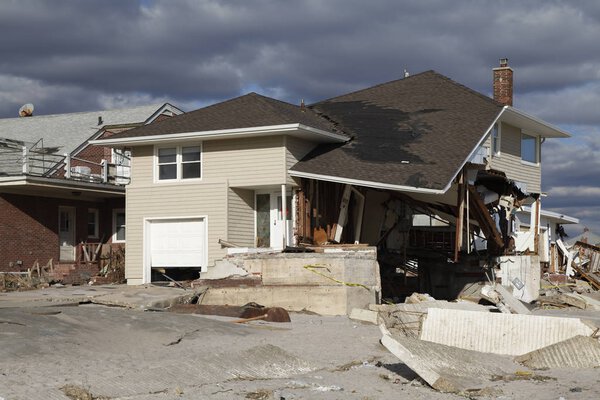 Destroyed beach house in the aftermath of Hurricane Sandy in Far Rockaway, New York.