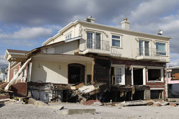 Destroyed beach house in the aftermath of Hurricane Sandy in Far Rockaway, New York.