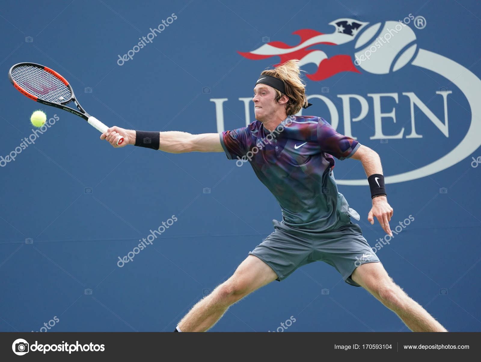 Professional tennis player Andrey Rublev of Russia in action during his US Open 2017 second ...
