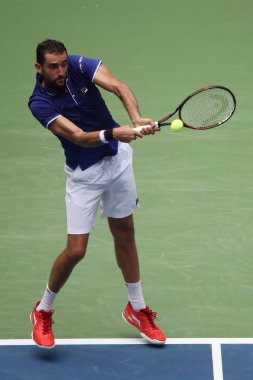 Profesyonel tenis oyuncusu Marin Cilic Hırvatistan 2017 bize açık ilk tur maçı sırasında eylem