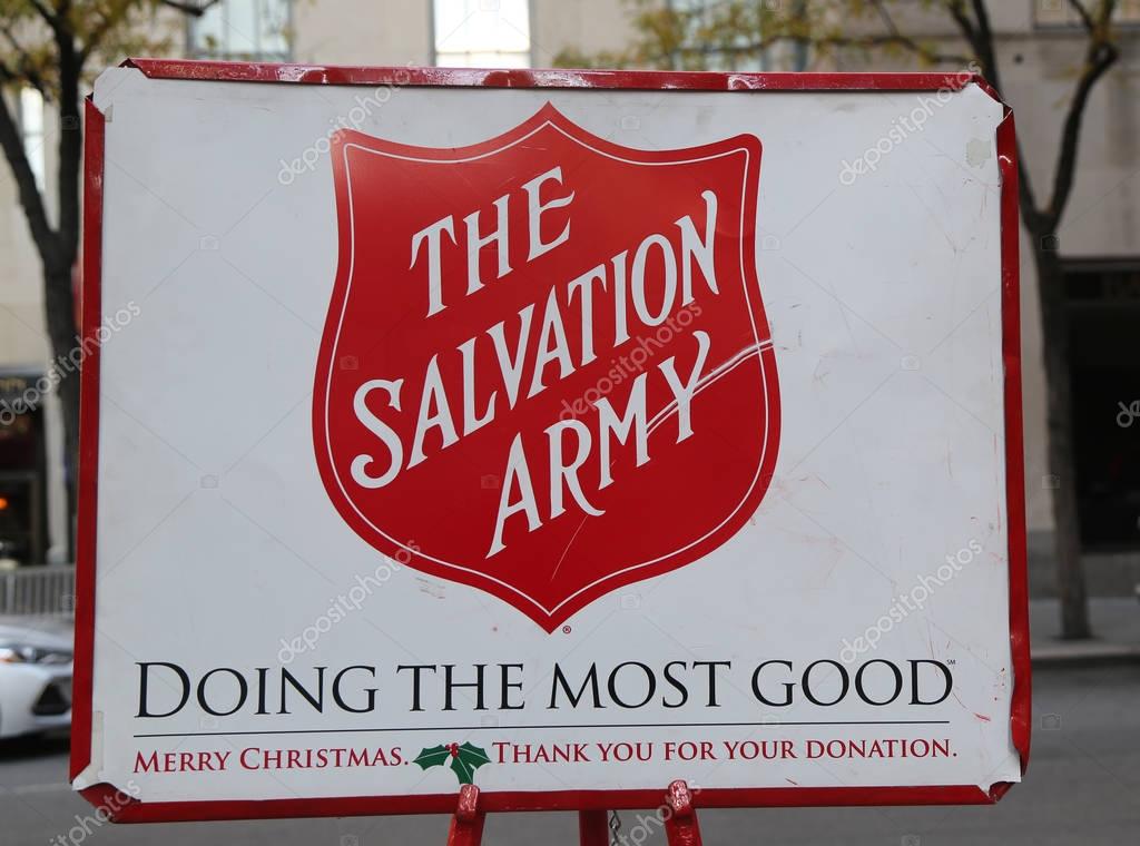 NEW YORK - NOVEMBER 16, 2017: Salvation Army red kettle for collections in midtown Manhattan. This Christian organization is known for its charity work, operating in 126 countries