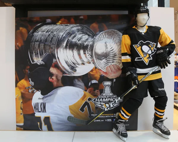 Die nhl shop dekoration zeigt den Pittsburgh Penguins spieler mit stanley cup — Stockfoto