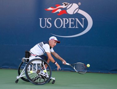 Tekerlekli sandalye tenis oyuncusu Andrew Lapthorne Büyük Britanya'nın eylem sırasında onun tekerlekli sandalye dört Tekler yarı final maç bize açık 2017