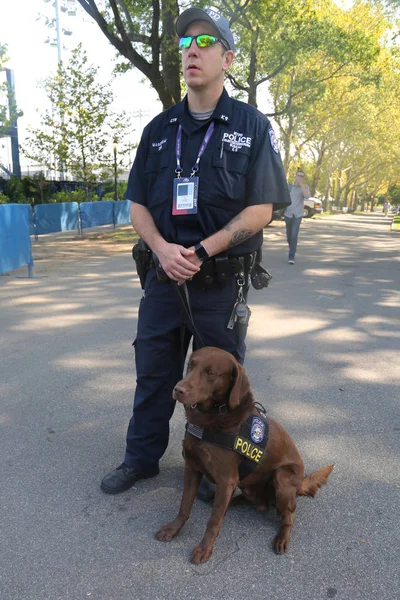 Oficina antiterrorista de la policía de Nueva York Oficial de policía K-9 y perro K-9 que proporciona seguridad —  Fotos de Stock