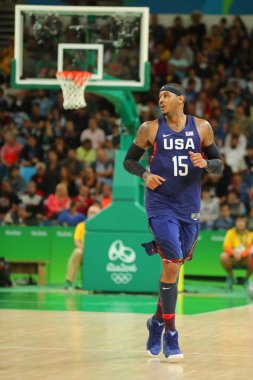 Rio De Janeiro, Brezilya - 10 Ağustos 2016: Olimpiyat Şampiyonu takım ABD grup A basketbol match Team Usa ve Avustralya Rio 2016 Olimpiyat oyunları arasında eylem Carmelo Anthony (sayı 15) 