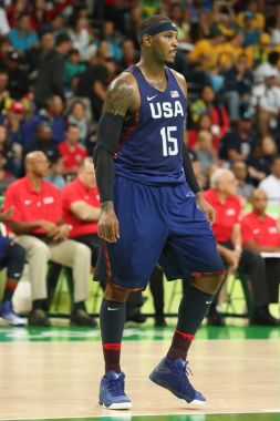 Rio De Janeiro, Brezilya - 10 Ağustos 2016: Olimpiyat Şampiyonu takım ABD grup A basketbol match Team Usa ve Avustralya Rio 2016 Olimpiyat oyunları arasında eylem Carmelo Anthony (sayı 15) 