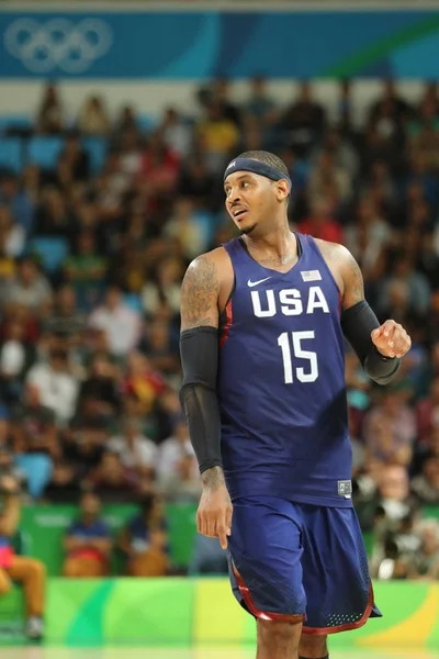 Rio De Janeiro, Brezilya - 10 Ağustos 2016: Olimpiyat Şampiyonu takım ABD grup A basketbol match Team Usa ve Avustralya Rio 2016 Olimpiyat oyunları arasında eylem Carmelo Anthony (sayı 15) 