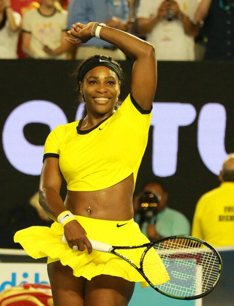 MELBOURNE, AUSTRALIA - JANUARY 28, 2016: Twenty one times Grand Slam champion Serena Williams celebrates victory after her semifinal match at Australian Open 2016 in Melbourne Park