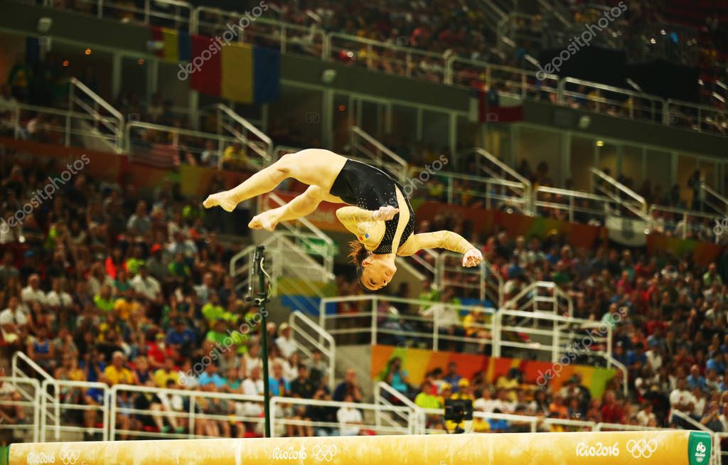 RIO DE JANEIRO, BRAZIL - AUGUST 15, 2016: Artistic gymnast Catalina Ponor of Romania competes at the final on the balance beam women's artistic gymnastics at Rio 2016 Olympic Games