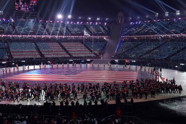 Pyeongchang, Güney Kore 9 Şubat 2018: Amerikan Olimpiyat takımı Pyeongchang 2018 Olimpiyatları Açılış Töreni Olimpiyat Stadyumu, Pyeomgchang, Güney Kore'de içine yürüdü