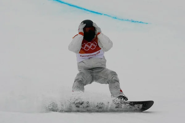 Pyeongchang Fevereiro Coreia Sul 2018 Campeão Olímpico Shaun White Celebra — Fotografia de Stock