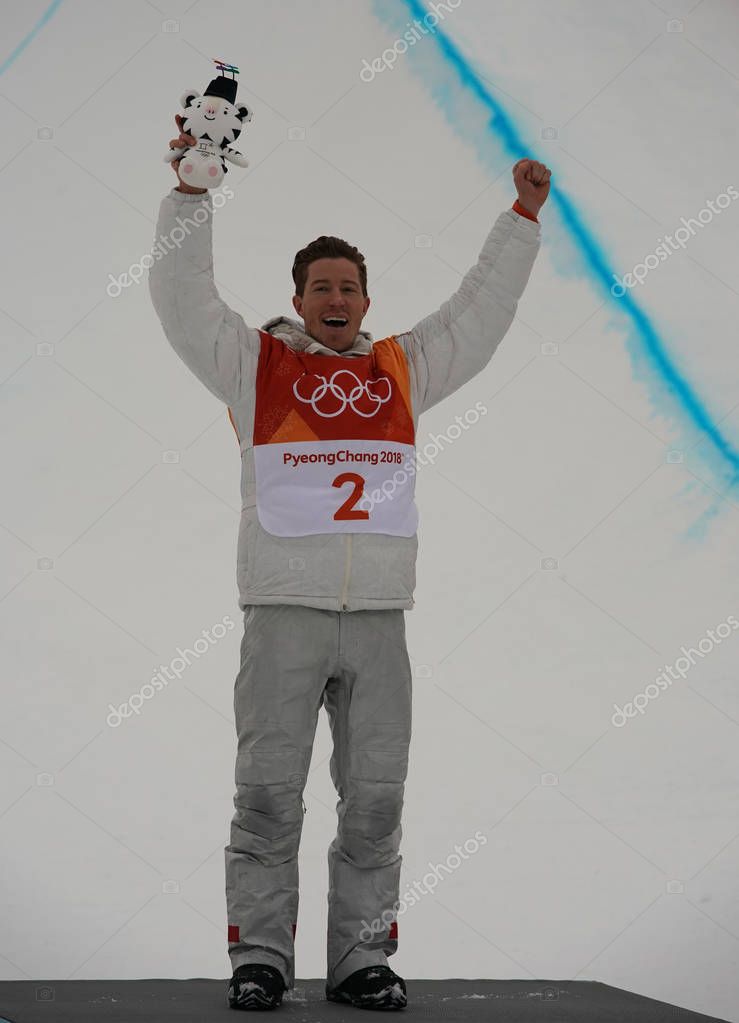 PYEONGCHANG, SOUTH KOREA  FEBRUARY 14, 2018: Olympic champion Shaun White celebrates victory in the men's snowboard halfpipe final at the 2018 Winter Olympics in PyeongChang, South Korea