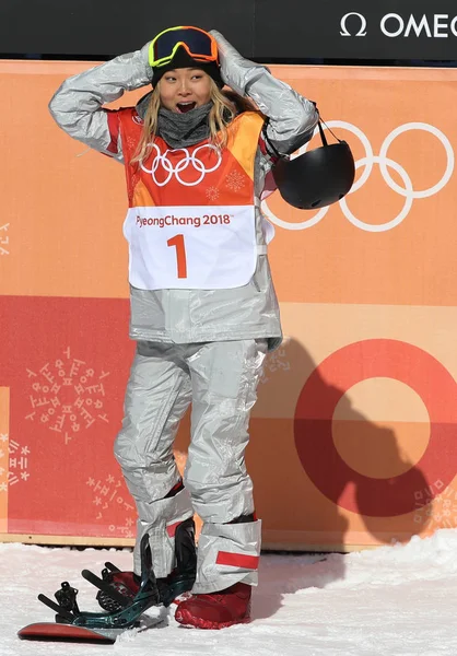 Февраля 2018 Года Олимпийская Чемпионка Хлоя Ким Празднует Победу Финале — стоковое фото