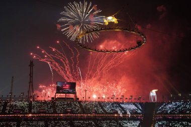 Pyeongchang, Güney Kore - 12 Şubat 2018: açılış töreni 2018 Kış Olimpiyatları. Olimpiyat Oyunları 2018 resmen Pyeongchang Olimpiyat Stadyumu'nda renkli bir törenle açıldı.